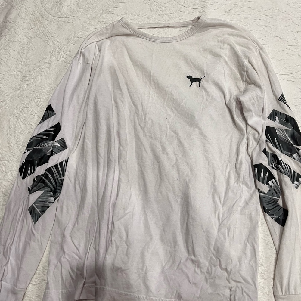 PINK Victoria's Secret White Long Sleeve with Black Leaf Design